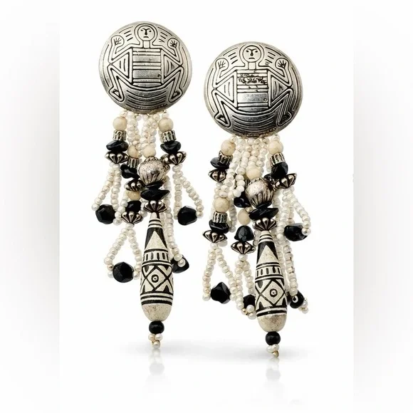 Vintage Sterling Silver Petroglyph Fringe Earrings | Pearls | Southwestern Boho