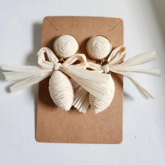 Cream Woven Paper Bow Drop Earrings Resort Statement OS