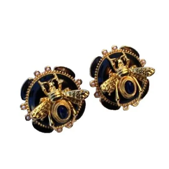 New Hollywood Regency Black & Gold Tone Bumble Bee Pierced Rhinestone Earrings