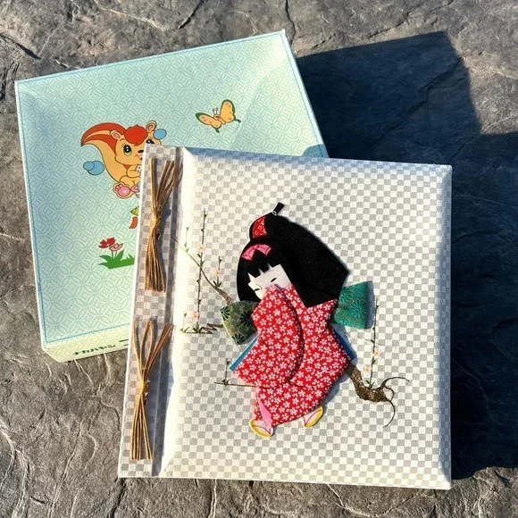 Vtg New Japanese Geisha Embroidery Fabric White Silver Memory Photo Album Baby