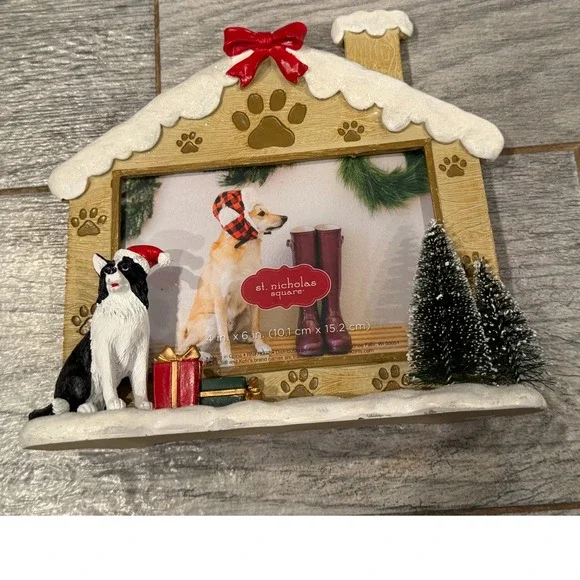St Nicholas Square Christmas Dog House Picture Frame 4x6 Border Collie 3D Resin