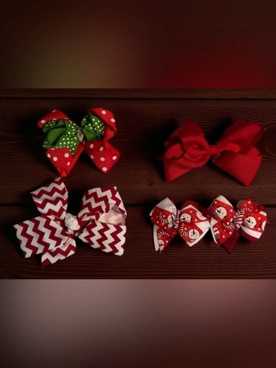 Girls Christmas Hair Bows Handmade Holiday Snowman Santa Claus Red