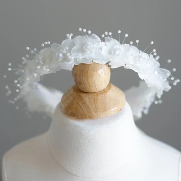 Flower Girl White Floral Pearl Halo Hair Wreath