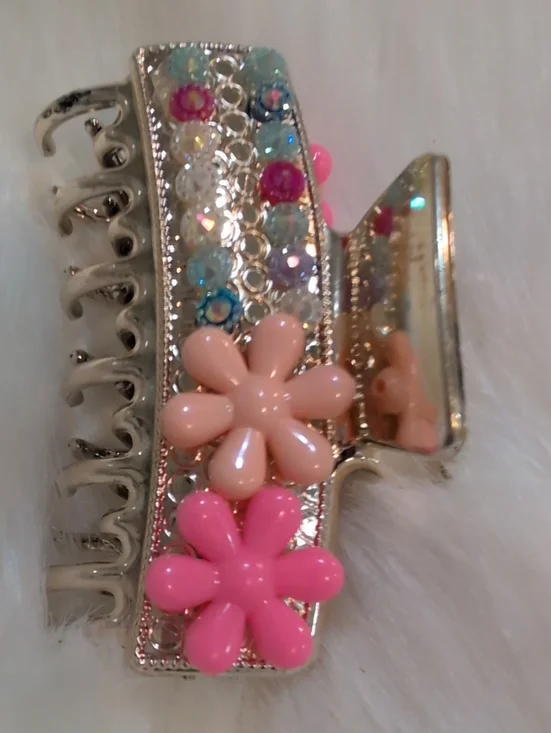 Pink Flower Rhinestone Gold Toned Hair Clip