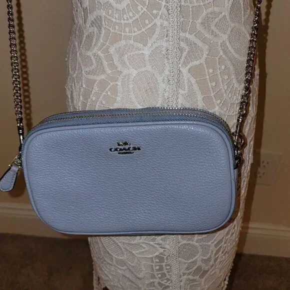 Coach Leather Double Zip Crossbody Purse Handbag w Chain Strap - Pool Blue