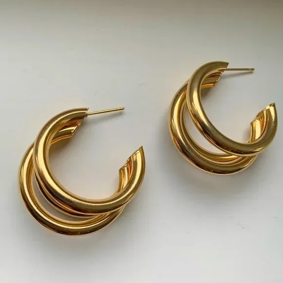Hollow Triple Hoop 14k Gold Plated Earrings Tri Hoop Earrings