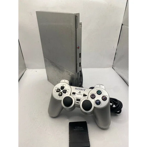 Sony Playstation 2 PS2 Slim Silver Console OEM Silver Controller Tested + memory