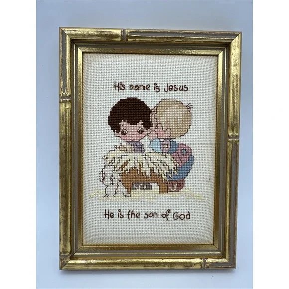 Completed Framed Cross Stitch Picture  'His Name Is Jesus' Precious‎ Moments