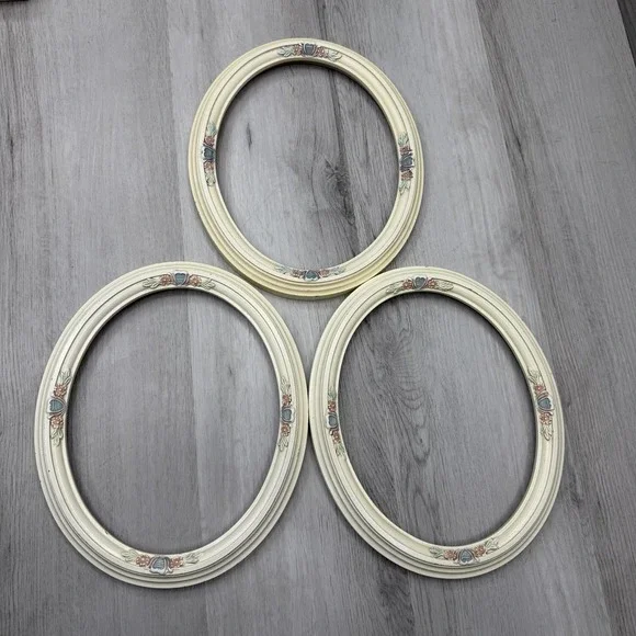 Oval Picture Frames Cream Floral Cottage Shabby Chic Wall Decor Set Of 3 VTG