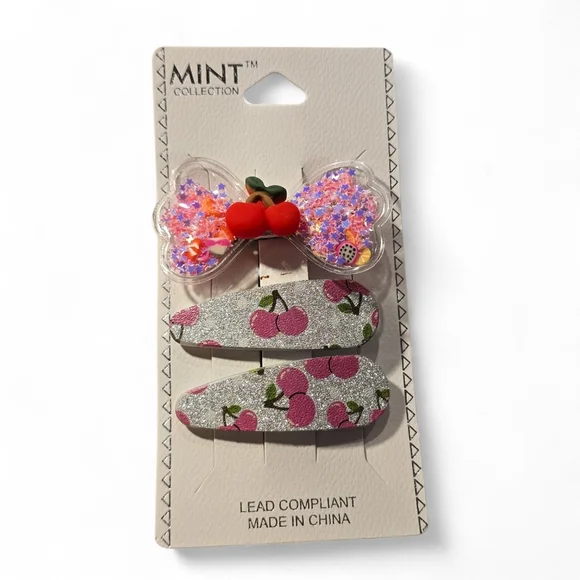 Kids Cherry Glitter Hair Clips - Pink & Silver