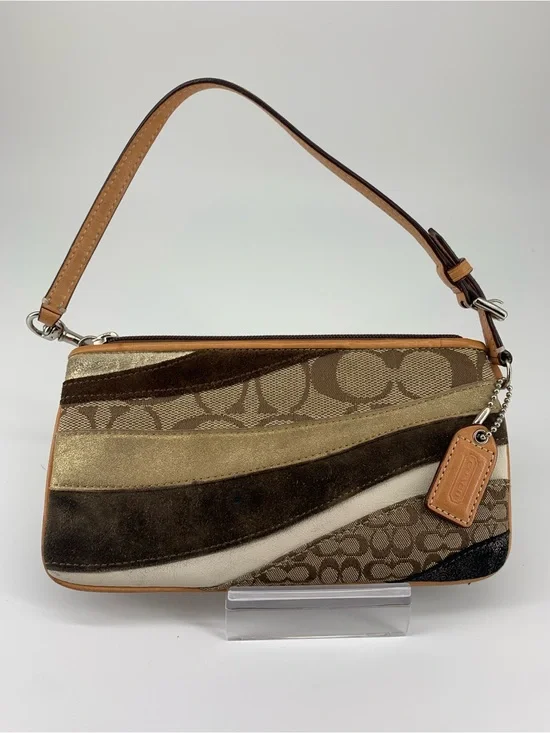 Coach Wave Patchwork Wristlet – Haircalf, Metallic Leather & Signature Jacquard