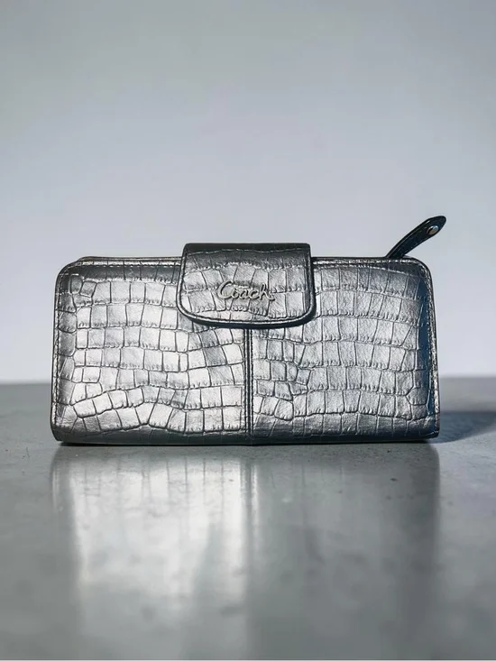 Coach Metallic Gun Metal Croc-Embossed Slim Wallet