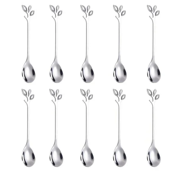10 Pcs Stainless Steel Gold Leaf Coffee Spoon