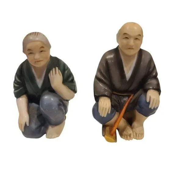 Vintage Japanese Toshikane Porcelain Salt‎ & Pepper Set Shakers Old Couple 1950s
