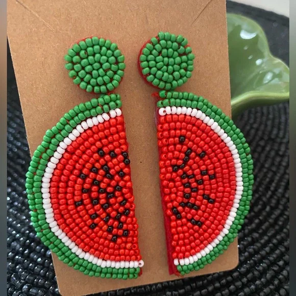 🇺🇸Beaded Watermelon Slice Earrings Felted Back Pierced Brand New
