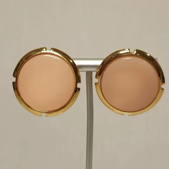 Trifari Vintage Gold Tone Peach Oval Cabochon Button Post Earrings Notched Edge