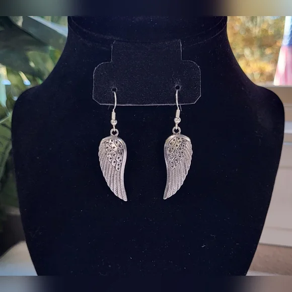 Silver Angel Wing Statement Dangle Earrings / Pierced