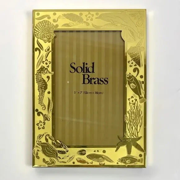 Vintage Solid Brass Photo Frame 5” X 7” Sea Creatures Nautical Beach Etching