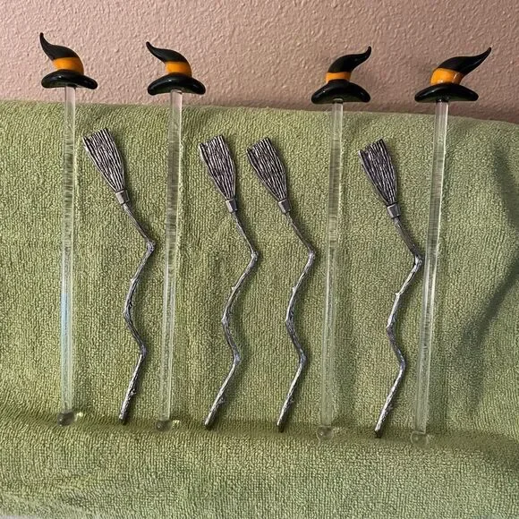 Blown Glass Witch Hat Stir Sticks Metal Broom Stir Sticks lot of 8!