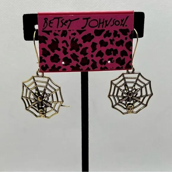 EARRINGS! HALLOWEEN! Betsey Johnson “gold” Spider Web Earrings BNWT