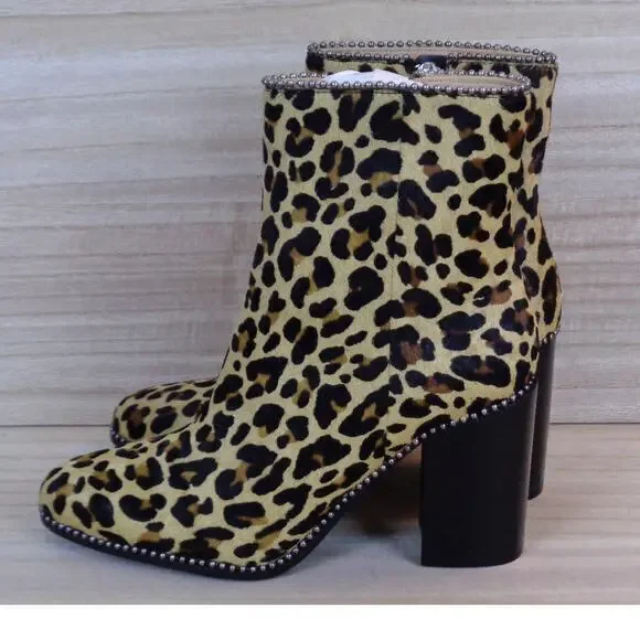 Coach Drea Beadchain Heeled Lepoard Printed‎ Haircalf Bootie Side Zip Womens 6