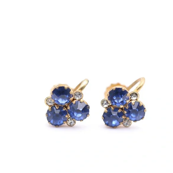 Vintage CARO Blue Rhinestone Floral Earrings Gold Tone Screw Back Cluster