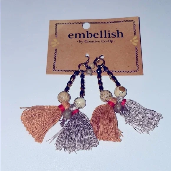 Creative Co-Op Beaded Brown and Gray Tassel Earrings 2” NWT