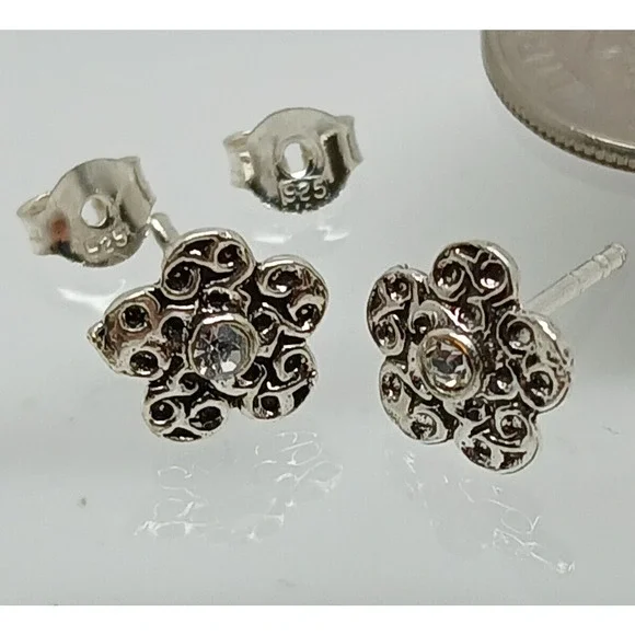 Vintage 1990's Jewelry NOS .925 Sterling Silver Clear AB Crystal Flower Earrings