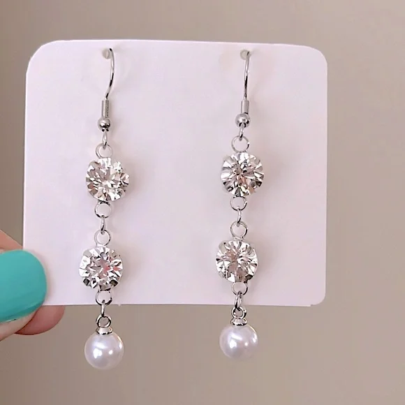 Elegant Silver + Pearl Crystal Drop Earrings