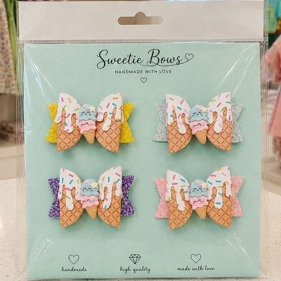 Sweetie Bows 4Pc Kids Ice Cream Glitter Hair Bow Set Alligator Clips Handmade
