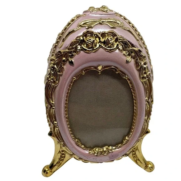 Ornate Pink Egg Picture Frame Trinket Box Goldtone Ornate Rococo Music Box Japan