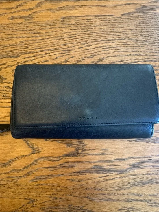 Coach Legacy Black Navy Vintage Trifold Wallet Checkbook Pocket Zip Continental