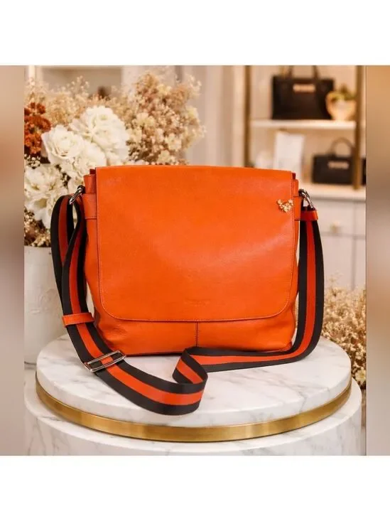 Coach Unisex Charles Messenger‎ Vibrant Orange Brown Leather Crossbody Bag