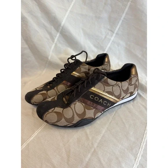 Coach Jayme Signature Jacquard Khaki Brown Gold Sneakers Q582 Womens 7.5M
