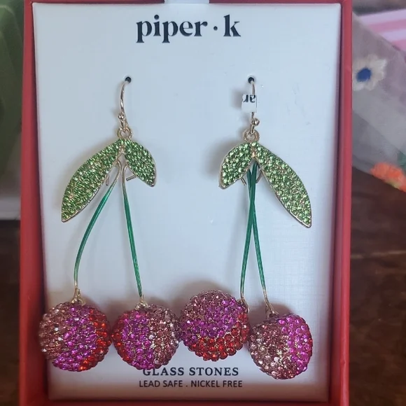 Piper K Cherry Drop Earrings - Green and Pink