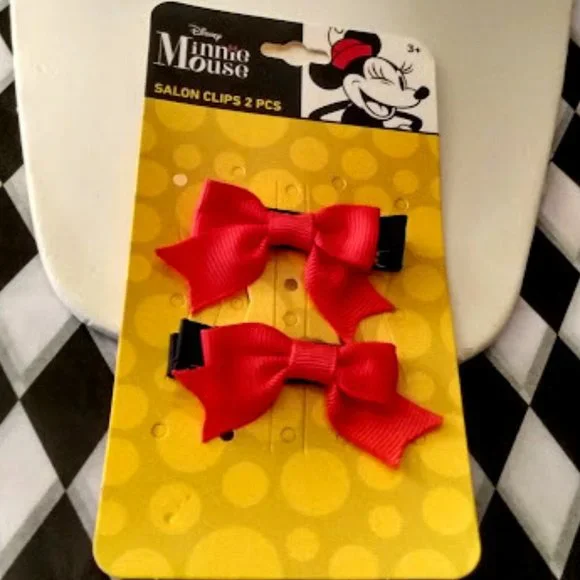 DISNEY 2pc MINNIE MOUSE Black/Red Bow Salon Hair Clips Set**NEW!