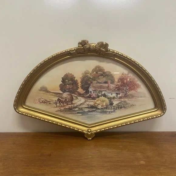 Vintage Homco Fan Shape Gold Bow Framed Picture Autumn Harvest Cottage