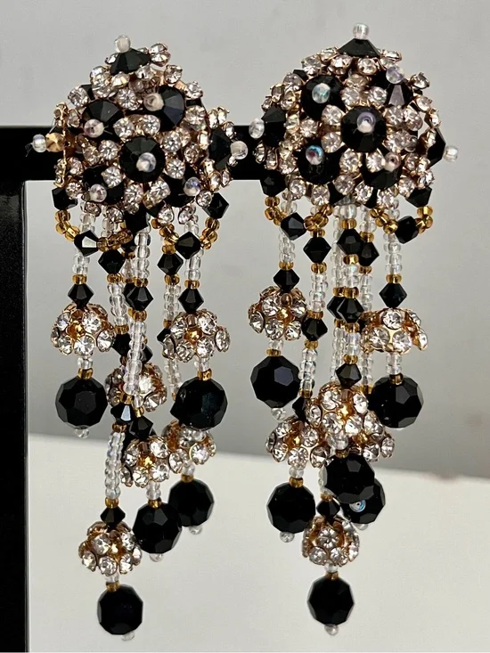 Vintage Lois Ann Black & White Rhinestone Beaded Tassel Chandelier Earrings