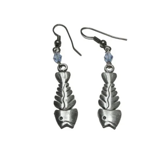 Silver Fishbone Drop Dangle Hook Earrings