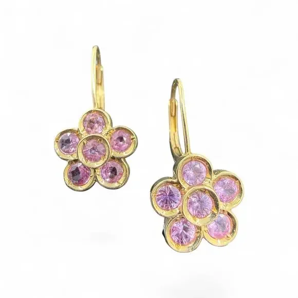 14k Yellow Gold Natural Pink Sapphire Flower Earrings Leverback Daisies Daisy