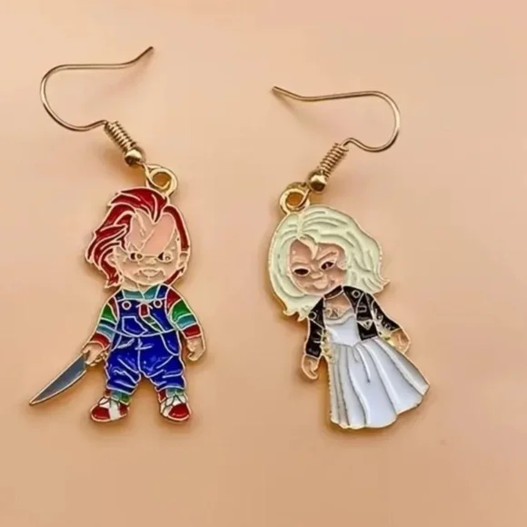 NWT! Chucky and Bride of Chucky Gold Tone Enamel Pierced Dangle Earrings!