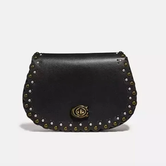 Coach Saddle Belt Bag Studded Black Leather Crossbody Belt Bag Chain Strap