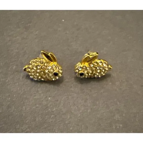 NWT Gold Elegant Rabbit Stud Earrings With Sparkly Rhinestones Easter
