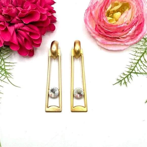 VINTAGE⚜️Abstract Brushed Golden Crystal Hoop Earrings