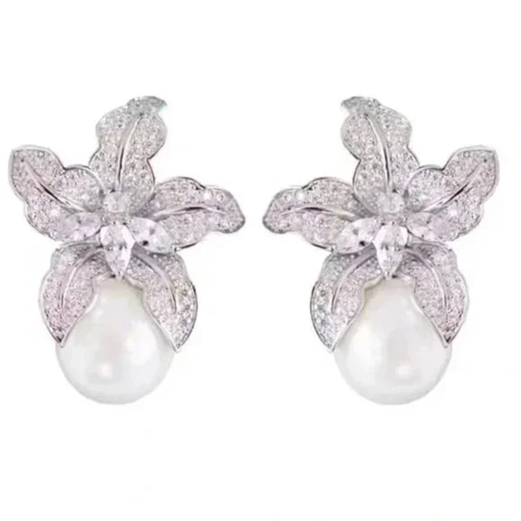 Anthropologie Pave Crystal Flower Pearl Earrings