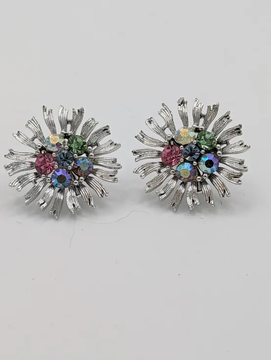 Vintage Lisner multi color Faceted Rhinestone Floral Screw Back Clip Earrings