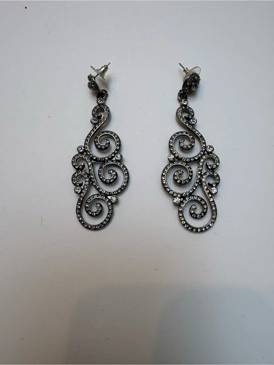 Rhinestone Scroll Drop Earrings - Silver Tone