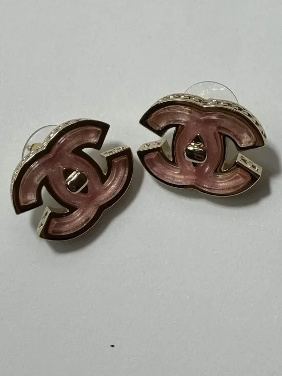 Chanel Pink Enamel CC Gold Earrings