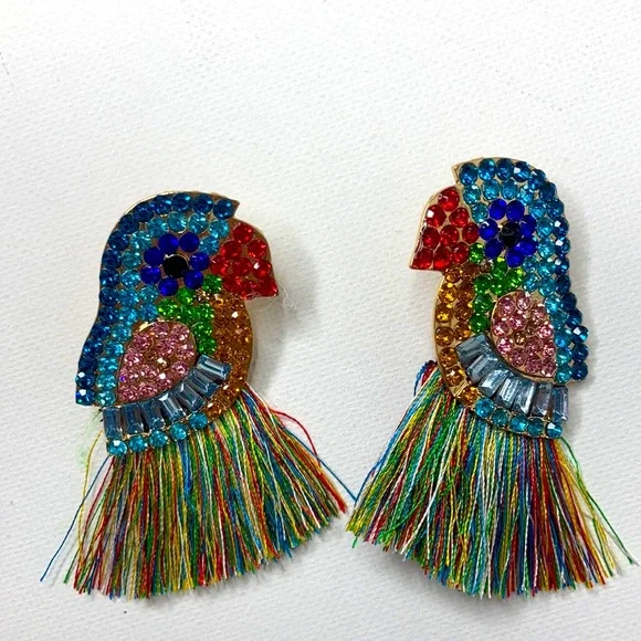 Fun Colorful Bird Statement Glass & Rhinestone Earrings with Tassel