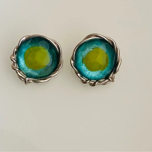 Vintage Silver, Green Yellow Earrings